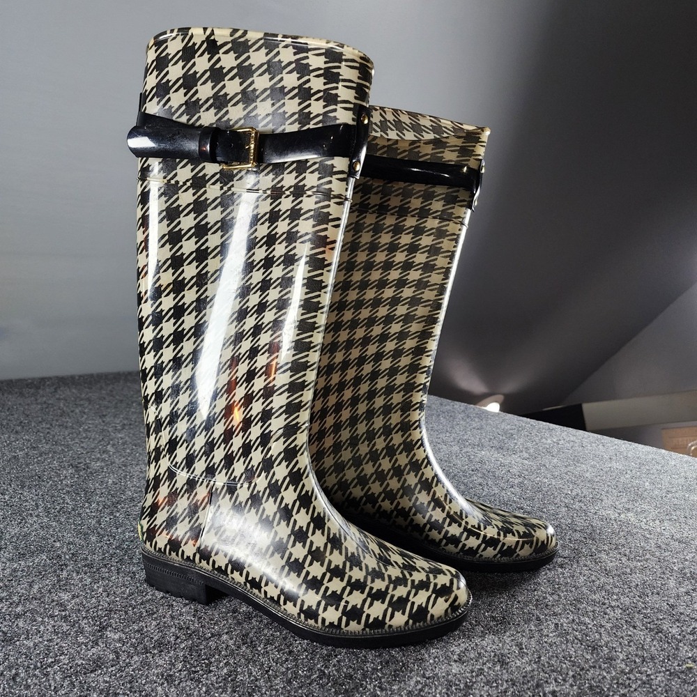Lauren Ralph Lauren Rossalyn II Houndstooth Rain Boots Black Cream Womens 7 B